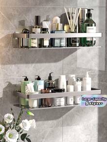 Rust-Proof Polished Metal Bathroom Shelf, Aluminum Storage Rack, Wall-Mounted Drill-Free Shower Caddy, Bathroom Organizer, Kitchen Rack, Can Be Wall-Mounted In Bathroom And Kitchen, For Storing Shampoo, Conditioner, Spices, Toiletries And Cosmetics, Perforated Drainage Design, Ideal Bathroom Accessory, Bathroom Storage And Organization, Perfect Home Decor And Bathroom Storage Decoration - Multicolor - View 2