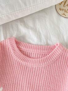 少女甜美時尚刺繡圓領長袖針織衫 - 粉色 - 查看 3