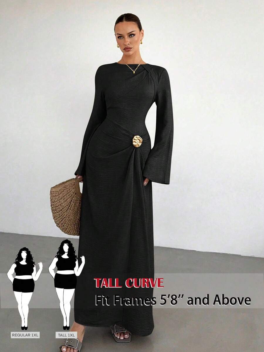 SHEIN Tall CURVE 大尺碼優雅傳統純色金屬裝飾洋裝,秋季正式婚禮賓客黑色秋季款 - 黑色 - 查看 1