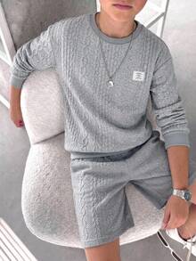 SHEIN Kids Tween Boys Crew Neck Long Sleeve Textured Fabric Sweatshirt, White Color, Comfortable Knit Fabric, Casual Vacation And Commute Style Fall Clothes - Grey - View 1