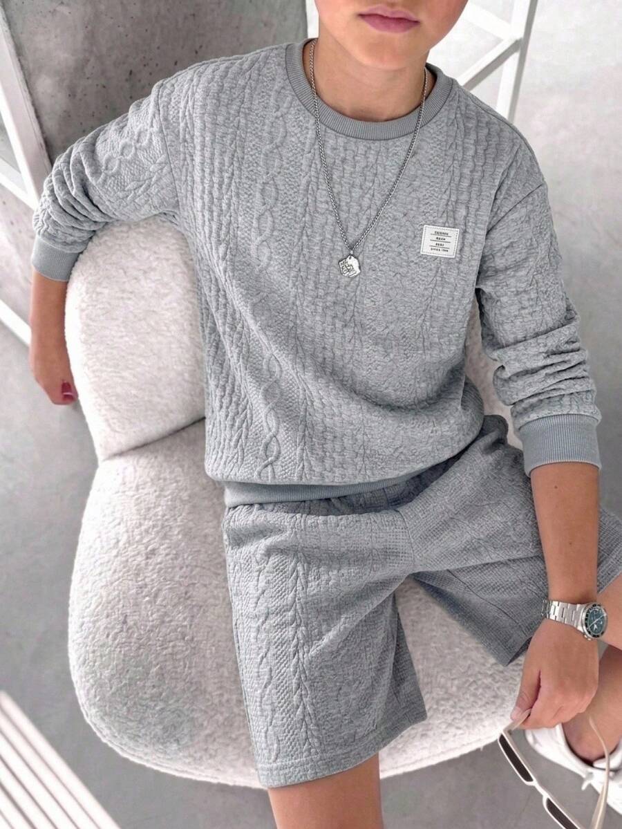 SHEIN Kids Tween Boys Crew Neck Long Sleeve Textured Fabric Sweatshirt, White Color, Comfortable Knit Fabric, Casual Vacation And Commute Style Fall Clothes - Grey - View 1