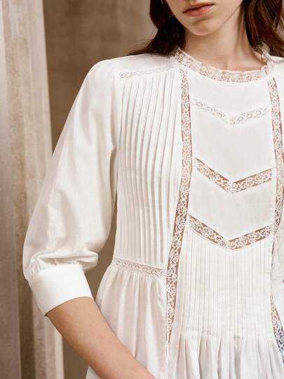 Arave Women's Woven Summer Loose Round Neck Petal Sleeve Lace Patchwork Hollow Embroidery Elegant Commute Pleated Vintage Casual Sweet Tops