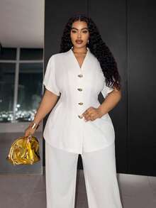 Slaydiva Early Autumn New Arrival Elegant White Fitted Short Sleeve Petal Waist-Cinching A-Line Blazer With Metal Button Decor And Matching Extra Long Pants Women's Plus Size Suit Set For Concert, Party, Wedding Season, Cocktail, Date, Birthday Gathering - White - View 11