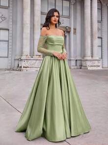 Aureia 優雅迷人露肩透視短袖蕾絲飾邊拼接緞面大裙擺泡泡洋裝，適合婚禮活動、單身派對、度假、舞會、約會、晚宴 (重工風格) - 綠色 - 查看 3