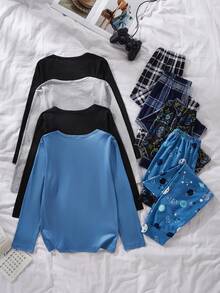 SHEIN 4 Random Sets Out Of 1 Pajama Set: Boys' Simple Gentleman Plaid Long Sleeve Solid Color Pocket Top Homewear + Iridescent Game Console + Letter Print - Multicolor - View 2