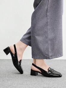 CUCCOO BIZCHIC 女款方跟黑色鏡面時尚簡約高跟鞋 後扣帶樂福鞋 度假穿搭 百搭舒適 通勤穿著 老錢風女鞋 - 鏡面黑色1 - 查看 5