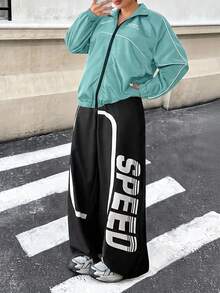 SHEIN EZwear جاكيت نسائي مقاس كبير بأكمام طويلة وسحاب مع رسمة بطة وحروف باللون الأزرق للخريف - ازرق مخضر - مشاهدة 7