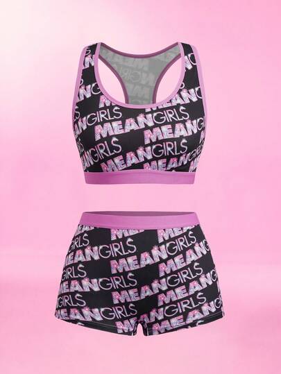 Mean Girls | SHEIN Women's Letter Print Cropped Tank Top And Shorts Lingerie Set