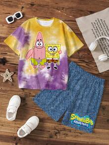 SpongeBob SquarePants | SHEIN 小男孩紮染卡通印花T恤短褲套裝 - 白色 - 查看 1