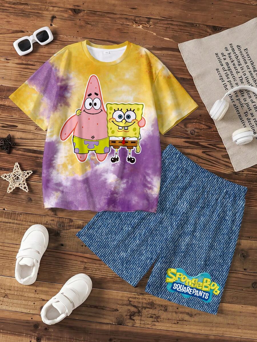 SpongeBob SquarePants | SHEIN 小男孩紮染卡通印花T恤短褲套裝 - 白色 - 查看 1