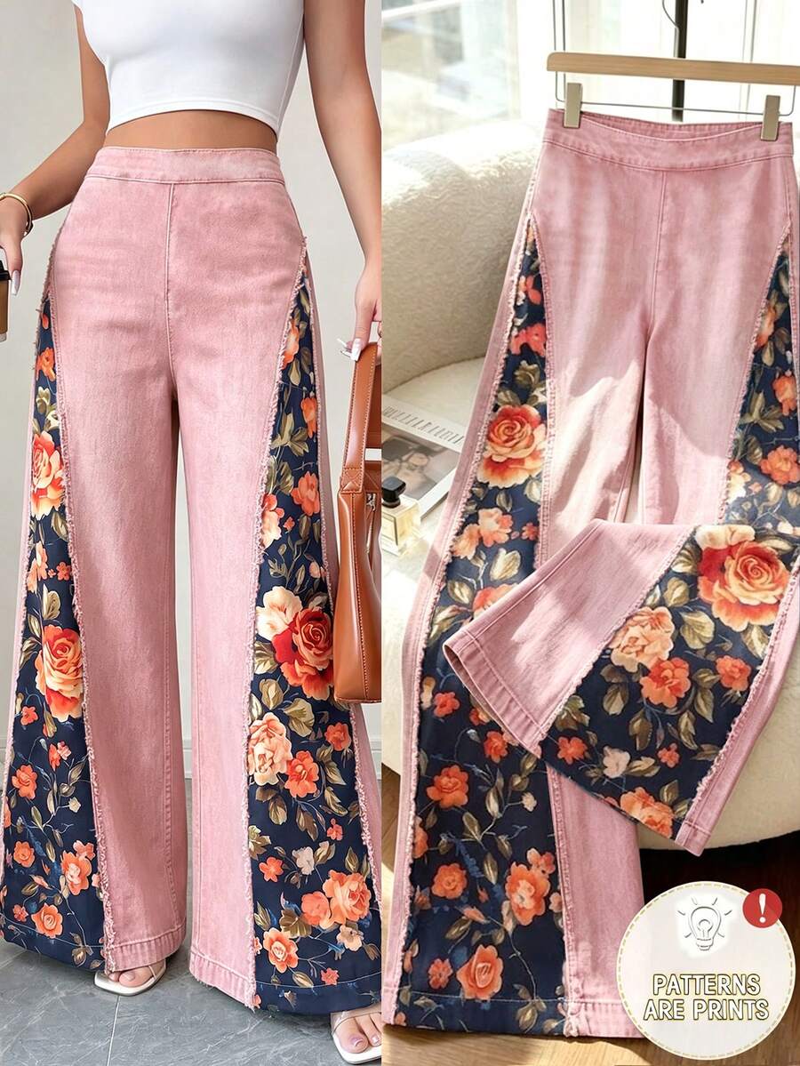 SHEIN Elenzya Women's Vintage Floral Print Patchwork Faux Denim Wide Leg Pants, High Waist Frayed Trim Palazzo Trousers Boho Floral Spliced Faux Denim Pants, High Waist Frayed Edge Flowy Wide Leg Pants Summer Retro Floral Print Faux Denim Palazzo Pants, High Waist Frayed Trim Wide Leg Trousers Elegant Floral Print Faux Denim Wide Leg Pants, High Waist Frayed Trim Casual Trousers - Pink - View 1