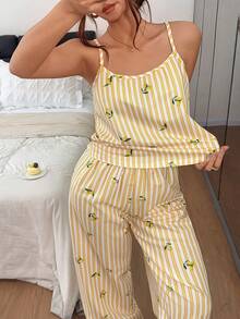 Napfluff Women's Striped Lemon Print Camisole Top And Long Pants Pajama Set - Yellow - View 6