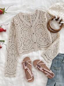 SHEIN Tween Girl Tween Girl Tween Girls Sweaters, Spring/Autumn Long Sleeve Beach Crochet Cardigan - Apricot - View 2