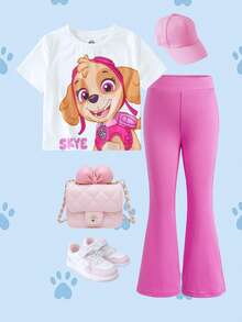 SHEIN | PAW Patrol 少女極簡印花圓領短袖T恤與素色長褲套裝 - 彩色 - 查看 1