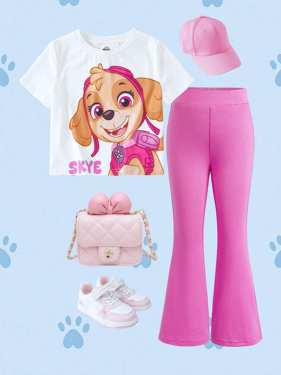 SHEIN | PAW Patrol 少女極簡印花圓領短袖T恤與素色長褲套裝 - 彩色 - 查看 1