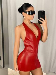 SHEIN ICON Deep V-Neck Halter Dual Zipper Bodycon Mini PU Leather Dress,Summer Dresses For Women - Red - View 4