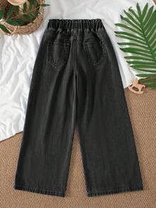 SHEIN 青少年女孩牛仔寬腿長褲，深灰色，休閒街頭風百搭極簡日常校園，彈性腰帶，寬鬆版型，度假夏季 - 黑色 - 查看 2