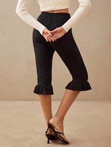 Willow Rêve Women's Black Fitted Lace Capris With Ruffle Hem, Romantic Elegant Flowy 1970s Boho Style Capri Pants For Date Night Brunch Tea Party And Vacation - Black - View 2