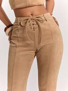 SHEIN BAE Women's Casual Elegant Commute Low Waist Capri Pants With Tie Design, Slim Fit, Camel Suede, Work Wear, Daily Wear Brunch Going Out Summer - Brown - View 7