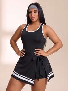 SHEIN Rhythm Era Women's Plus Size Colorblock Casual Daily Travel Sports Dress - Black and White - View 3