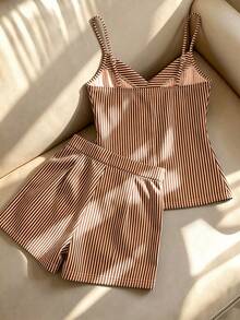 SHEIN Franclia Spring/Summer New High-End French Striped Pattern Pleated Decor Button-Up Elegant Sophisticated Women's Top + Striped Shorts, Women's Shorts, Sleeveless Top, Spring Clothing, Summer Outfit, Women's Spring/Summer Set, Women's Blue And White Two Pieces Set, Vacation, Outing, Y2K, Spring, Summer, Back To School, Casual, Beach, Business, Women's Spring/Summer Set - Rust Brown - View 2