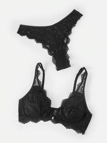 Bralution 2pcs Black Molded Cup Water Drop Cup Push Up Lace Patchwork Sheer Rhinestone Glitter Romantic French Women's Lingerie Set Wedding Guest - Black - View 9