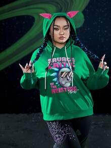 Rick and Morty X SHEIN Plus Size Letter & Cartoon Graphic Drop Shoulder Drawstring Sweatshirt - Green - View 5