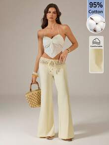 SHEIN Tall 95%棉 米色波西米亞風蕾絲腰帶女款直筒寬鬆度假長褲-珠飾抽繩針織腰頭,適合春夏海灘、音樂節、旅行與居家,高個女款 - 杏色 - 查看 4