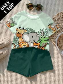 Young Boy Short Sleeve T-Shirt Casual Minimalist Suitable For Summer, Classic Cute Hand-Drawn Animal Pattern Print, Cute Cartoon Giraffe, Elephant, Crocodile, Lion, Animal Pattern Print, Suitable For Autumn/Winter - Multicolor - View 2