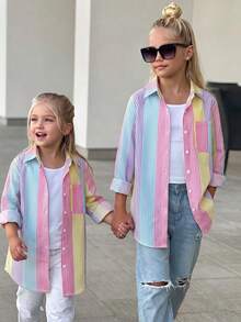 Elladie kids Tween Girl Striped Sun Protection Shirt, Spring/Summer, Korean Style,Holiday,Summer,Travel - Multicolor - View 3