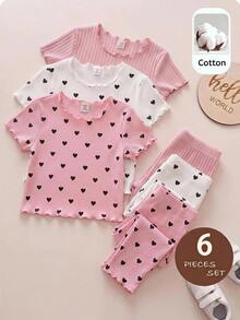 SHEIN Set Pakaian Rumah 6 Potong untuk Bayi Perempuan: Baju Kasual Rajut Warna Polos Motif Hati dengan Kerah Berkerut dan Celana Panjang - MultiWarna - View 6