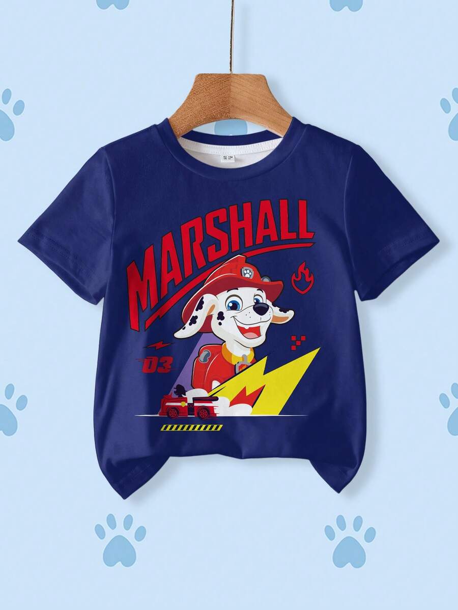 SHEIN | PAW Patrol تي شيرت للأولاد الصغار بطبعة رسوم كرتونية، ياقة دائرية وأكمام قصيرة - أبيض - مشاهدة 1