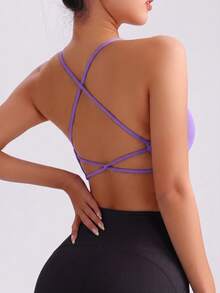 SHEIN Sports 女款純色無縫運動內衣，適合休閒日常穿著 - 紫色 - 查看 5