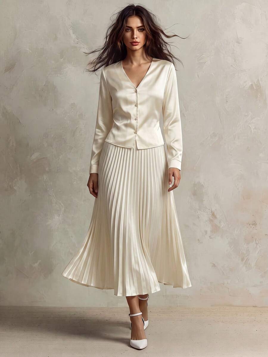 Franclia 女士优雅法式风情精致迷人开襟衬衫搭配百褶中长裙两件套,杏色亮面,春秋夏季假日阳光之旅休闲服饰,适合大学秋季穿着。 - 杏色 - 查看 1