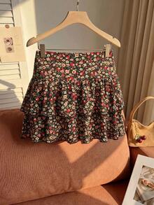 Comfortcana Plus Size Women's Casual Ditsy Floral Multi-Layer Skirt - Multicolor - View 2