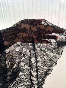 Bijouette Plus Size Black Lace Square Neck Puff Sleeve Blouse Ruffle Cuffs Ruched Slim Fit Women Slimming Versatile Elegant Brunch Birthday Summer - Black - View 11