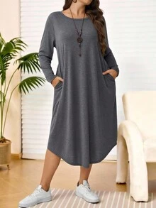 EMERY ROSE Plus Size Solid Color Long Sleeve Casual Loose Fit Vacation Dress Autumn Outfit For Women Going Out Formal Country Concert Fall Grey - Grey - View 3