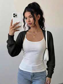 SHEIN Girlism 少女短款粗针织休闲开衫 - 黑色 - 查看 3