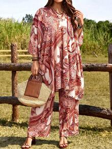 EMERY ROSE Plus Size Paisley Print Casual Vacation Top And Pants 2 Pieces Set Fall - Apricot - View 7