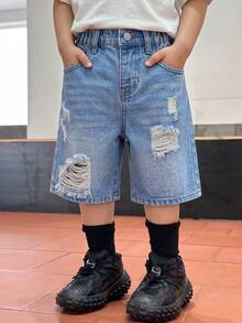 Boys' Summer New Mid-Blue Distressed Denim Shorts, Loose Straight Leg Bermuda Pants, Thin Lightweight Casual Mid-Length Shorts, Versatile Style, Soft Cotton Fabric, Suitable For Holiday, Daily Outings, School, Commuting, Gatherings, Festivals - Multicolor - View 8