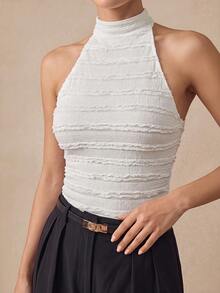 Almamuse Women's Elegant Textured Solid Color Frill Neck Knit Camisole - White - View 6