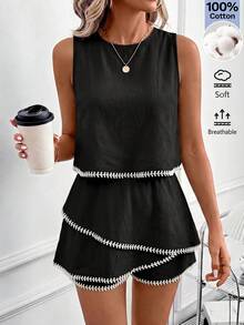 SHEIN Clasi Sleeveless Top And Ruffle Printed Shorts With Contrast Trim Set - Black - View 3