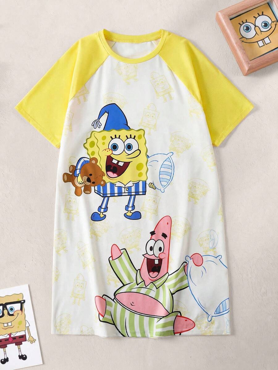 SpongeBob SquarePants | SHEIN Tween Girl Cute Cartoon Pattern Colorblock Raglan Short Sleeve Loose Nightgown Pajama, Summer - Yellow - View 1