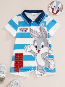 LOONEY TUNES X SHEIN 男嬰條紋短袖 Polo 領休閒連身衣 - 彩色 - 查看 1