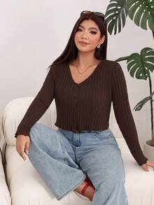 Solflare Chocolate Brown Front Button Cropped Plus Size T-Shirt - Chocolate Brown - View 7