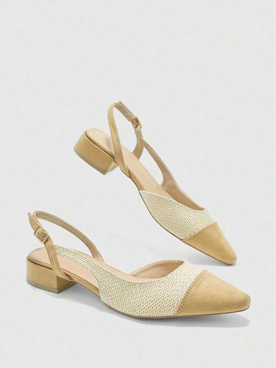 CUCCOO BIZCHIC Women's Straw-Woven Contrasting Pointed Apricot Low-Heeled Shoes Fall Shoes