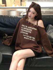 DAZY 女款不對稱肩字母印花長袖運動衫 - 咖啡棕 - 查看 7