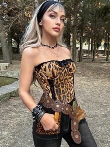 J-Fashion ROMWE X Lorella 女款夏季 Y2K 性感對比蕾絲豹紋抹胸上衣，女士優雅不對稱對比蕾絲抹胸修身配色上衣，萬聖節豹紋紋理女裝，春夏派對/夜店穿搭 - 彩色 - 查看 3