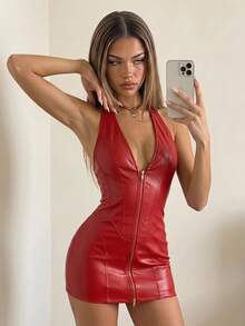 SHEIN ICON Deep V-Neck Halter Dual Zipper Bodycon Mini PU Leather Dress,Summer Dresses For Women - Red - View 2
