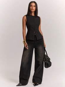 SHEIN BAE Solid Color Casual Elegant Commute Date Office Slim Fit Zipper Sleeveless Blazer Black Summer - Black - View 5